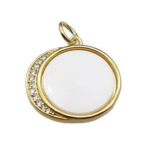 copper circle moon pendant pave shell, zircon, gold plated, approx 16-18mm [FN29475]