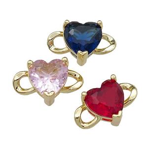 copper Heart connector pave zircon, mixed, gold plated, approx 11-18.5mm, 10mm [FN29491]
