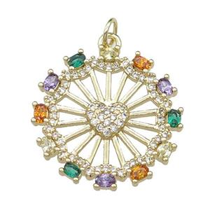 copper circle pendant pave zircon, heart, gold plated, approx 21mm [FN29532]