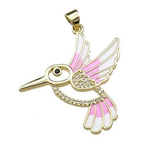 copper Hummingbird pendant pave zircon, pink enamel, gold plated, approx 28mm [FN29534]