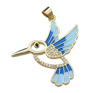 copper Hummingbird pendant pave zircon, blue enamel, gold plated, approx 28mm [FN29535]