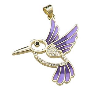 copper Hummingbird pendant pave zircon, purple enamel, gold plated, approx 28mm [FN29536]