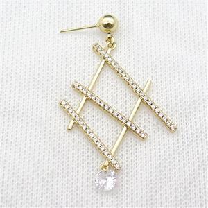 copper Stud Earring pave zircon, gold plated, approx 34-35mm, 6mm [FN29547]