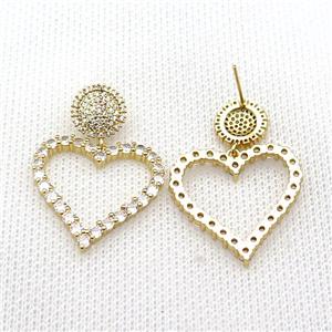 copper Stud Earring pave zircon, heart, gold plated, approx 11mm, 26mm [FN29549]