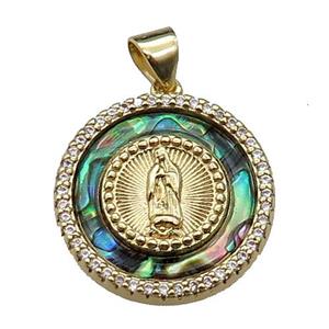 copper circle pendant pave abalone shell, jesus, gold plated, approx 20mm dia [FN29559]