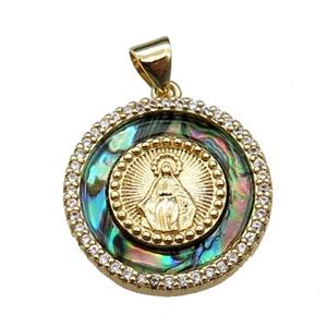 copper circle pendant pave abalone shell, virgin mary, gold plated, approx 20mm dia [FN29560]