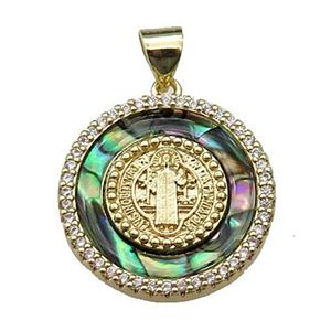copper circle pendant pave abalone shell, jesus, gold plated, approx 20mm dia [FN29561]