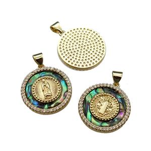 mix copper circle pendant pave abalone shell, jesus, gold plated, approx 20mm dia [FN29562]