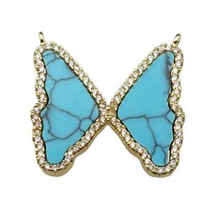 copper Butterfly pendant pave turquoise, zircon, 2loops, gold plated, approx 24-26mm [FN29571]