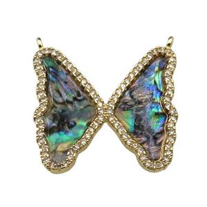 copper Butterfly pendant pave abalone shell, zircon, 2loops, gold plated, approx 24-26mm [FN29574]