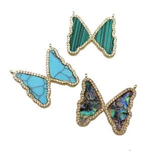mix copper Butterfly pendant pave stone, zircon, 2loops, gold plated, approx 24-26mm [FN29575]