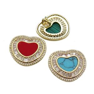 mix copper heart pendant pave stone zircon, gold plated, approx 22-24mm [FN29587]