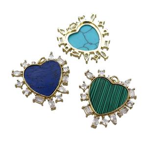 mixed copper heart pendant pave stone zircon, gold plated, approx 30mm [FN29593]