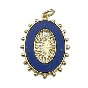 copper oval pendant pave lapis zircon, moon, gold plated, approx 19-25mm [FN29597]