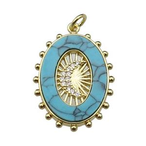 copper oval pendant pave turquoise zircon, moon, gold plated, approx 19-25mm [FN29598]