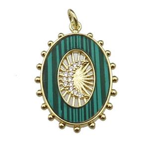 copper oval pendant pave malachite zircon, moon, gold plated, approx 19-25mm [FN29599]
