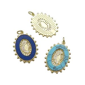 mix copper oval pendant pave stone zircon, moon, gold plated, approx 19-25mm [FN29600]