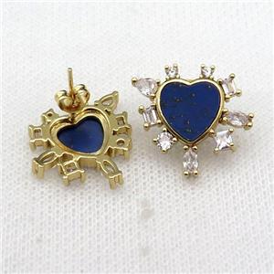 copper Stud Earring pave lapis zircon, gold plated, approx 20mm [FN29613]