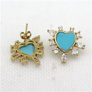 copper Stud Earring pave turquoise zircon, gold plated, approx 20mm [FN29614]