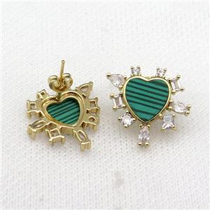 copper Stud Earring pave malachite zircon, gold plated, approx 20mm [FN29615]