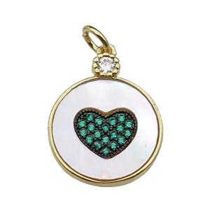 copper circle Heart pendant pave shell green zircon, gold plated, approx 15mm [FN29619]