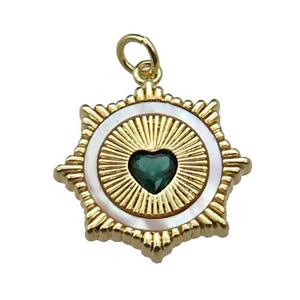 copper Sun pendant pave shell green zircon heart, gold plated, approx 20mm [FN29624]