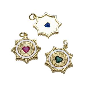 mixed copper Sun pendant pave shell zircon heart, gold plated, approx 20mm [FN29625]