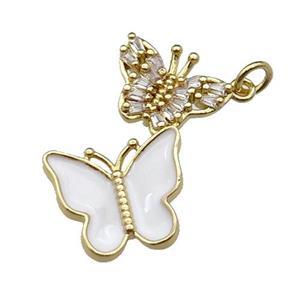 copper Butterfly pendant pave zircon, white enamel, gold plated, approx 17-28mm [FN29626]
