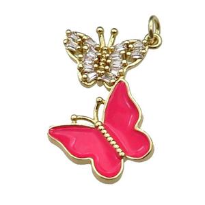 copper Butterfly pendant pave zircon, red enamel, gold plated, approx 17-28mm [FN29628]