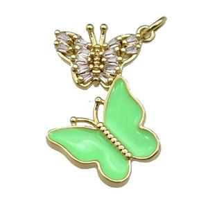 copper Butterfly pendant pave zircon, green enamel, gold plated, approx 17-28mm [FN29630]
