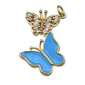 copper Butterfly pendant pave zircon, blue enamel, gold plated, approx 17-28mm [FN29632]