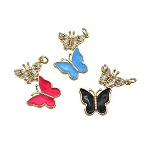 mixed copper Butterfly pendant pave zircon, enamel, gold plated, approx 17-28mm [FN29633]