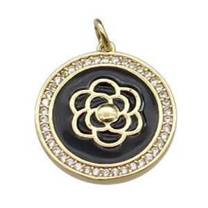 copper circle flower pendant pave zircon, black enamel, gold plated, approx 20mm dia [FN29656]