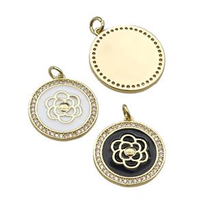 mix copper circle flower pendant pave zircon, enamel, gold plated, approx 20mm dia [FN29657]