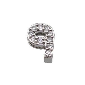 copper Number-9 Beads pave zircon, platinum plated, approx 8mm, 2-6mm hole [FN29787]