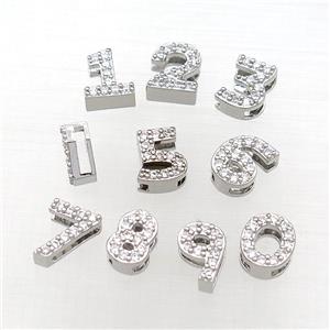 mix copper Number Beads pave zircon, platinum plated, approx 8mm, 2-6mm hole [FN29789]