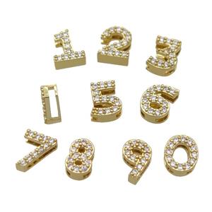 mix copper Number Beads pave zircon, gold plated, approx 8mm, 2-6mm hole [FN29800]