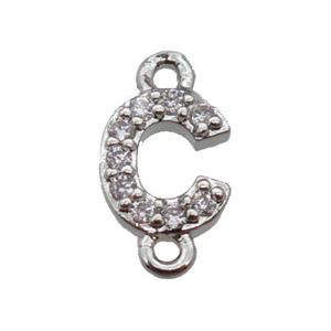 copper letter-C connector pave zircon, platinum plated, approx 8mm [FN29803]