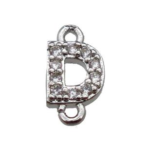 copper letter-D connector pave zircon, platinum plated, approx 8mm [FN29804]