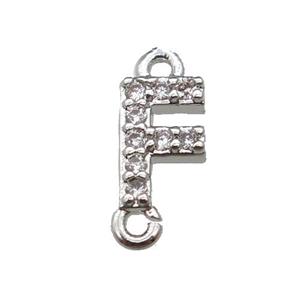 copper letter-F connector pave zircon, platinum plated, approx 8mm [FN29806]