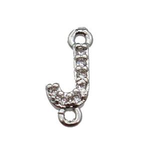 copper letter-J connector pave zircon, platinum plated, approx 8mm [FN29810]