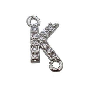 copper letter-K connector pave zircon, platinum plated, approx 8mm [FN29811]