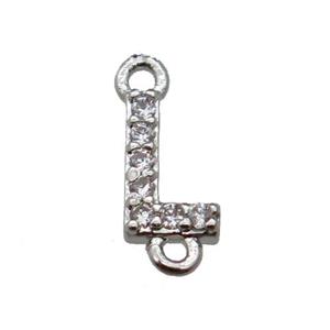 copper letter-L connector pave zircon, platinum plated, approx 8mm [FN29812]