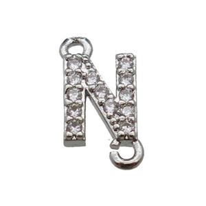 copper letter-N connector pave zircon, platinum plated, approx 8mm [FN29814]