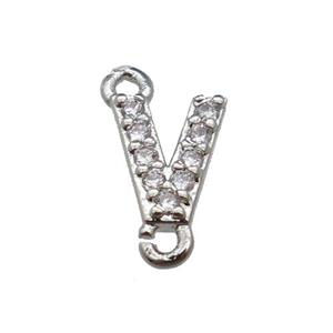 copper letter-V connector pave zircon, platinum plated, approx 8mm [FN29822]