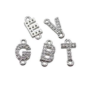 mix copper letter alphabet connector pave zircon, platinum plated, approx 8mm [FN29827]