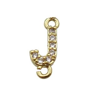copper letter-J connector pave zircon, gold plated, approx 8mm [FN29837]
