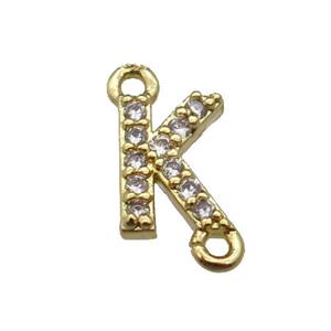 copper letter-K connector pave zircon, gold plated, approx 8mm [FN29838]