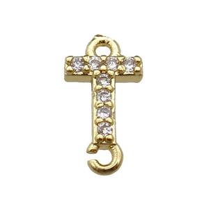 copper letter-T connector pave zircon, gold plated, approx 8mm [FN29847]