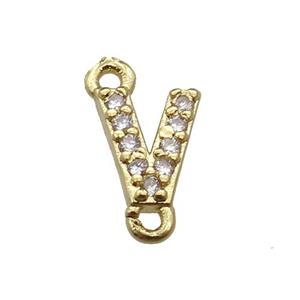 copper letter-V connector pave zircon, gold plated, approx 8mm [FN29849]